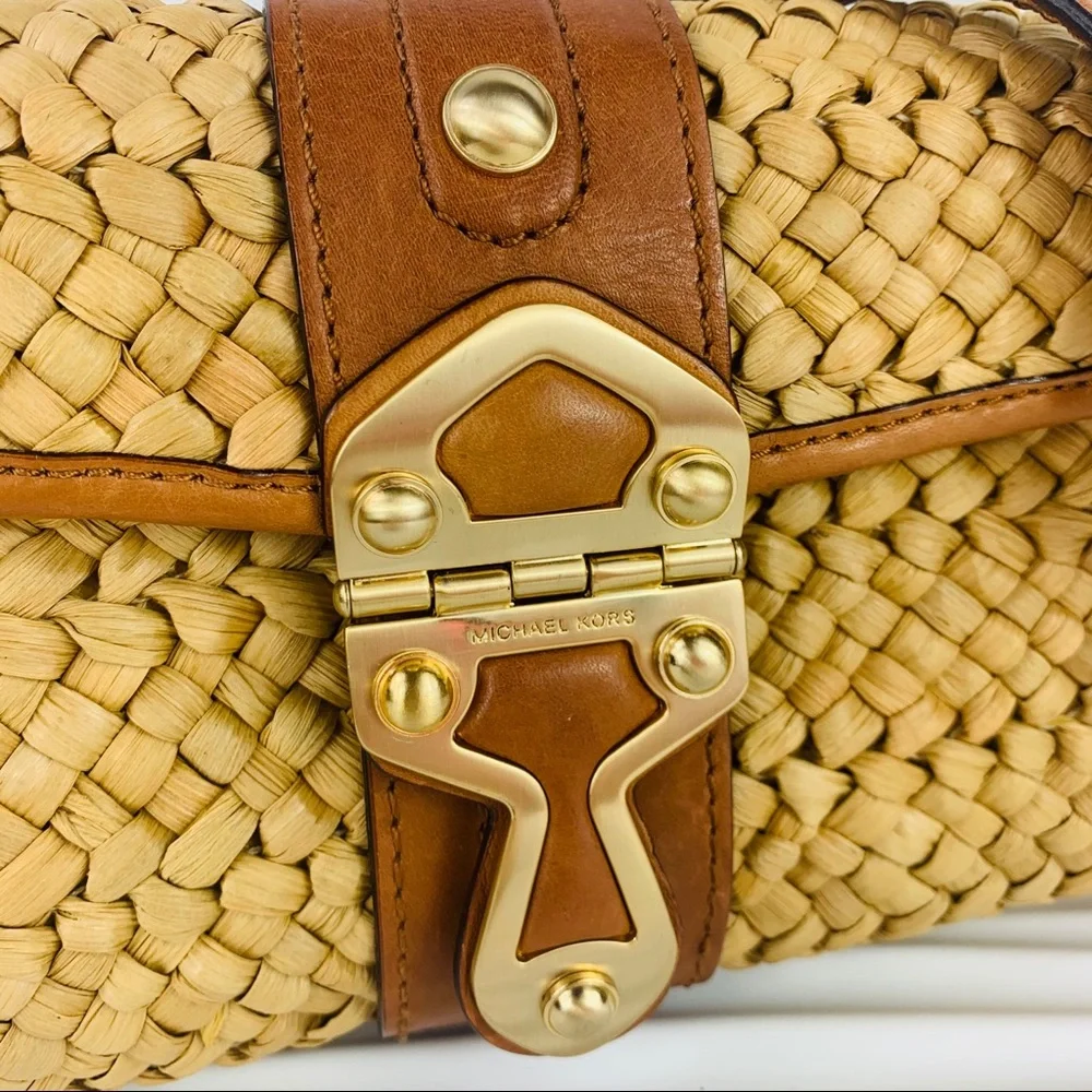 Michael Kors Tan Woven Straw Shoulder Bag with Gold Hardware